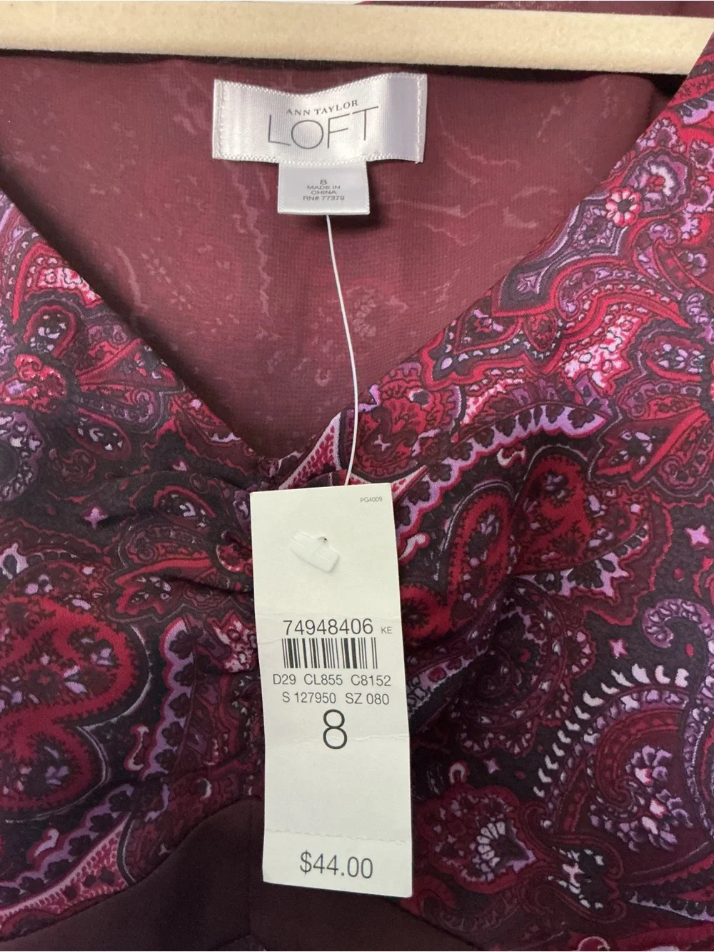 Ann Taylor LOFT Burgundy and Pink Paisley V-Neck Blouse - Picture 3 of 3
